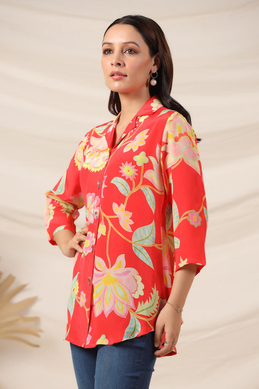 Scarlet Bloom Button-Down Russian Silk Top