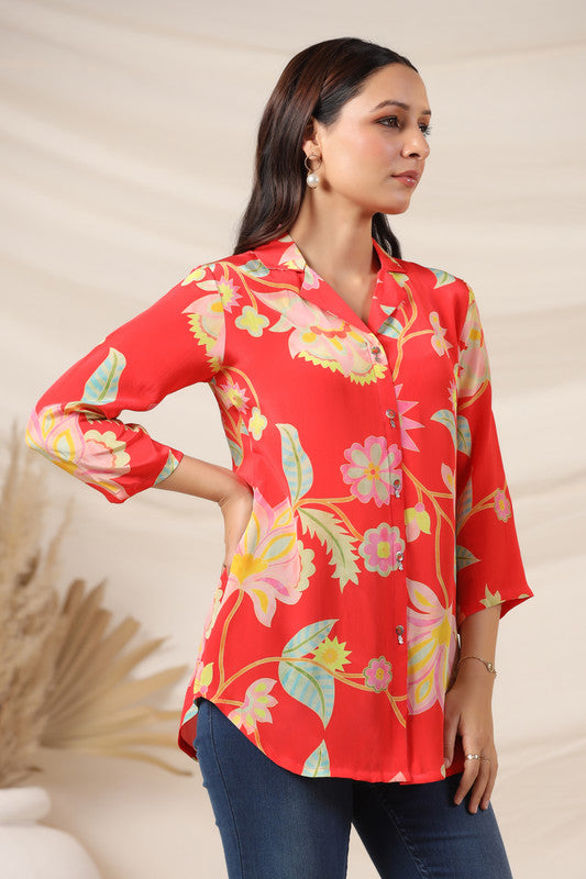 Scarlet Bloom Button-Down Russian Silk Top