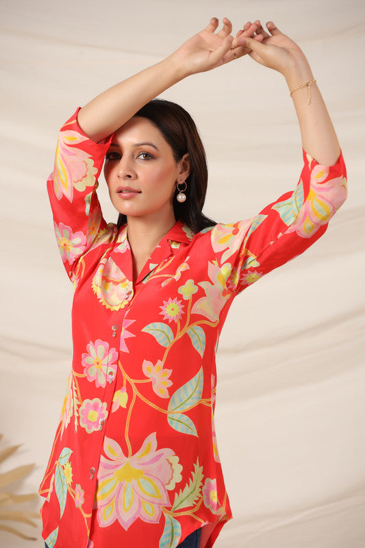 Scarlet Bloom Button-Down Russian Silk Top