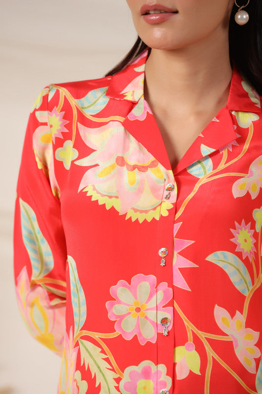 Scarlet Bloom Button-Down Russian Silk Top