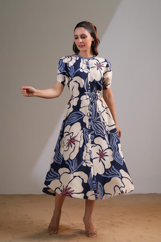 Midnight Petals Printed Russian Silk Dress
