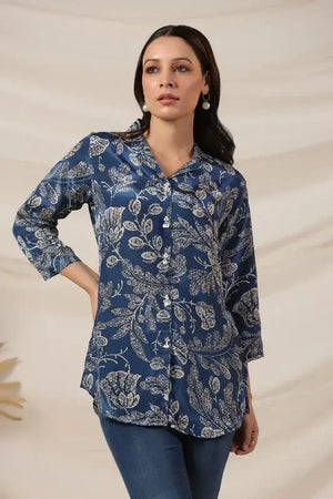 Royal Blue Floral Printed Russian Silk Top