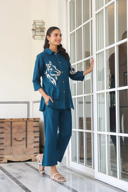 Teal Blue Horse Embroidered Cotton Co-ord Set