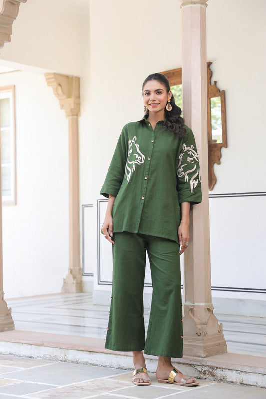 Olive Horse Embroidered Cotton Co-ord  Set