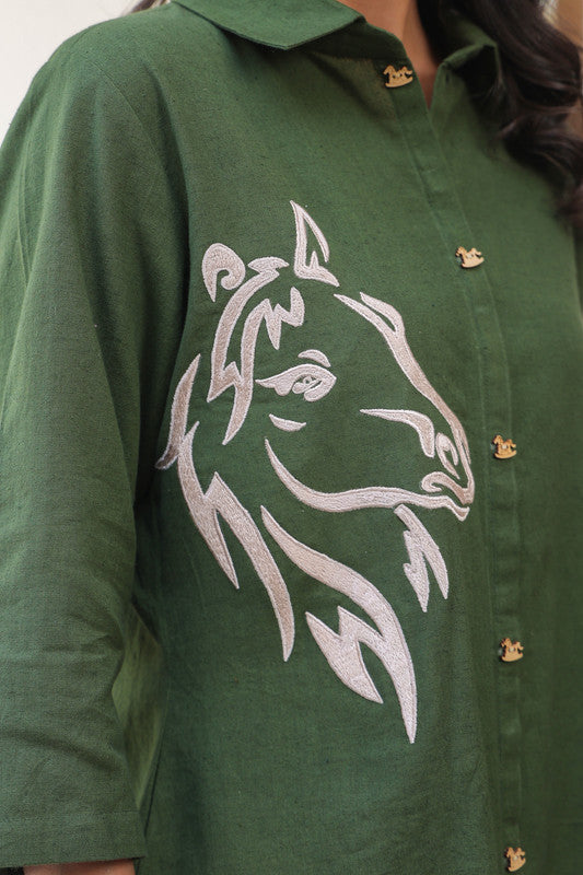 Olive Horse Embroidered Cotton Co-ord  Set