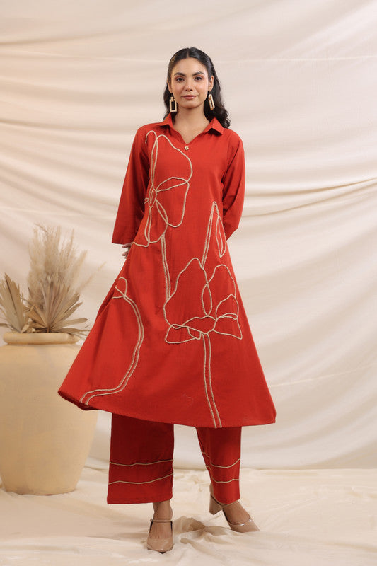 Rust Bloom Embroidered Cotton Co-ord Set