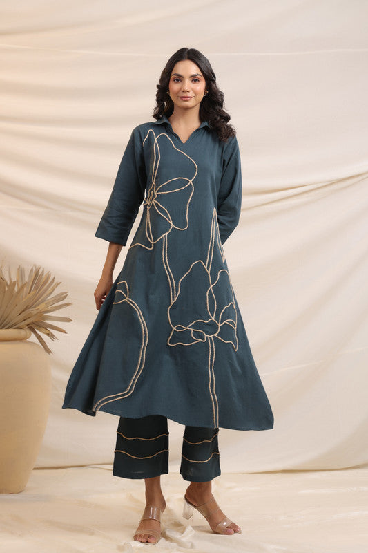 Grey Bloom Cotton Flex Teal Co-Ord Set