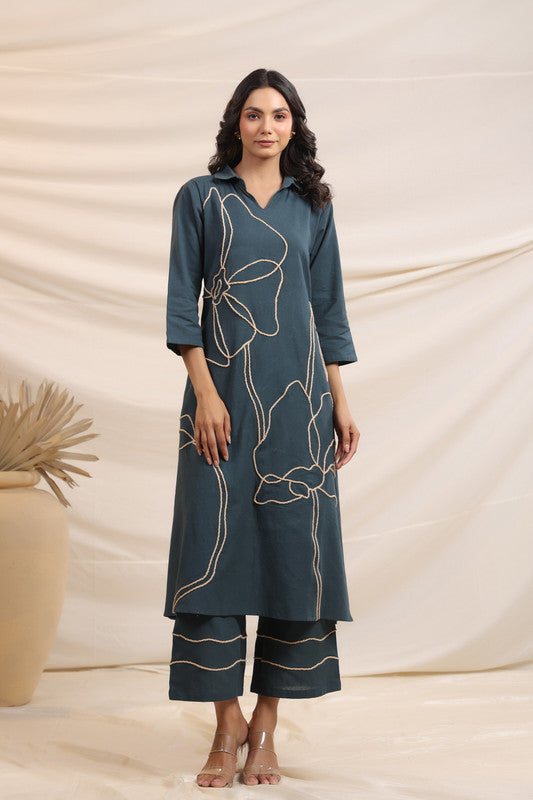 Grey Bloom Cotton Flex Teal Co-Ord Set