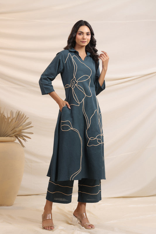 Grey Bloom Cotton Flex Teal Co-Ord Set