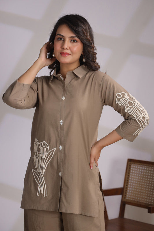 Taupe Set with Floral Embroidery Cotton Co-ord Set