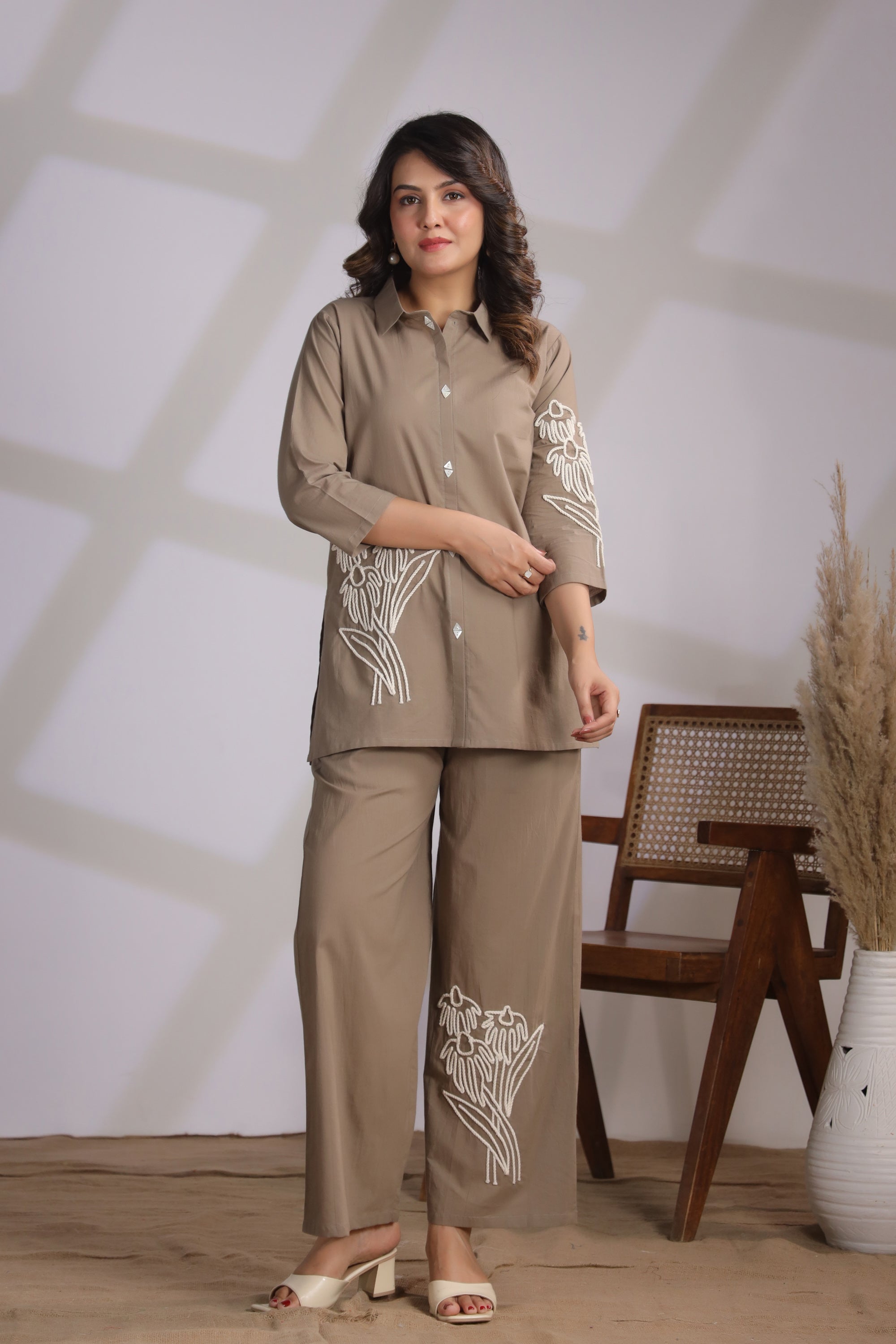 Taupe Set with Floral Embroidery Cotton Co-ord Set