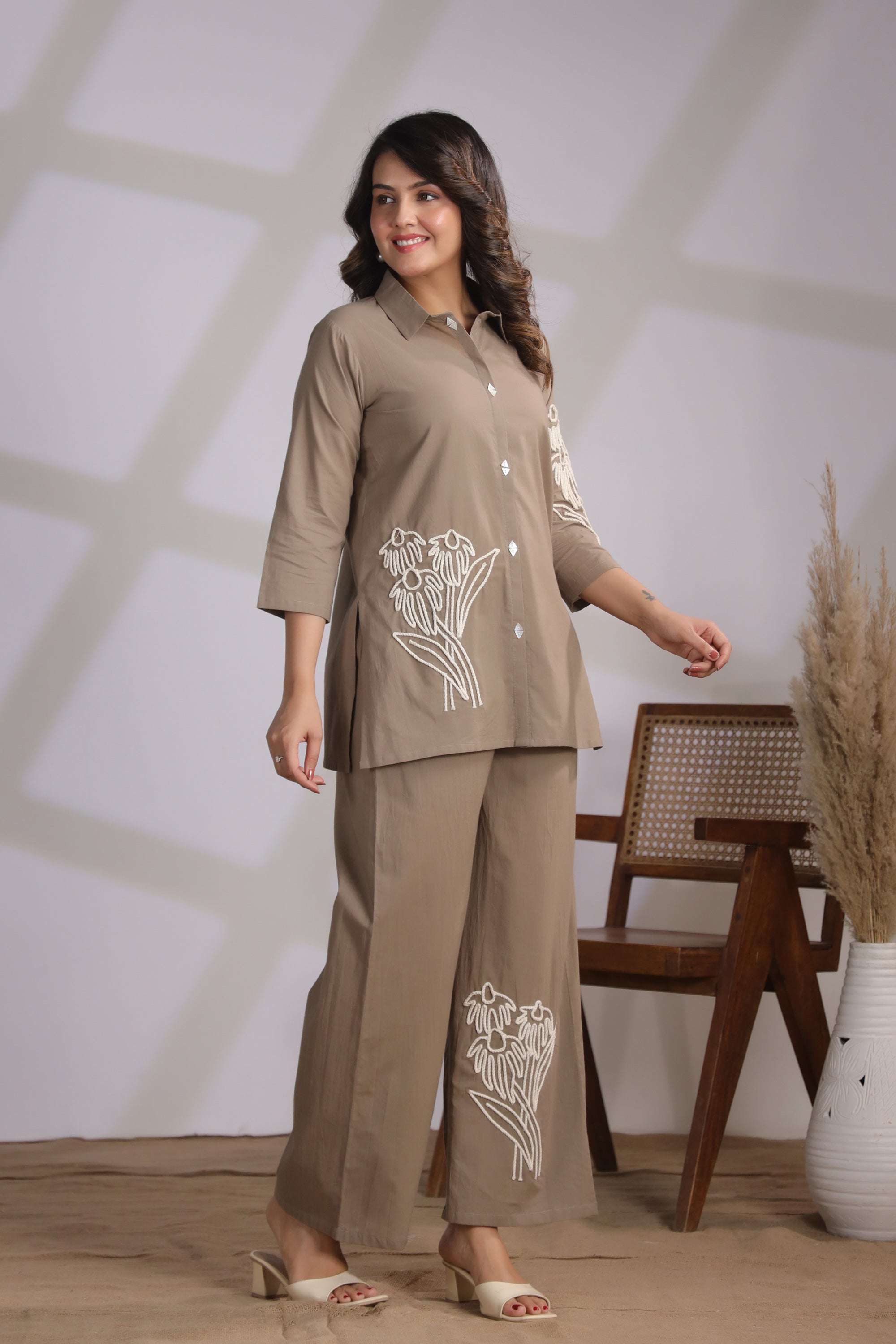 Taupe Set with Floral Embroidery Cotton Co-ord Set