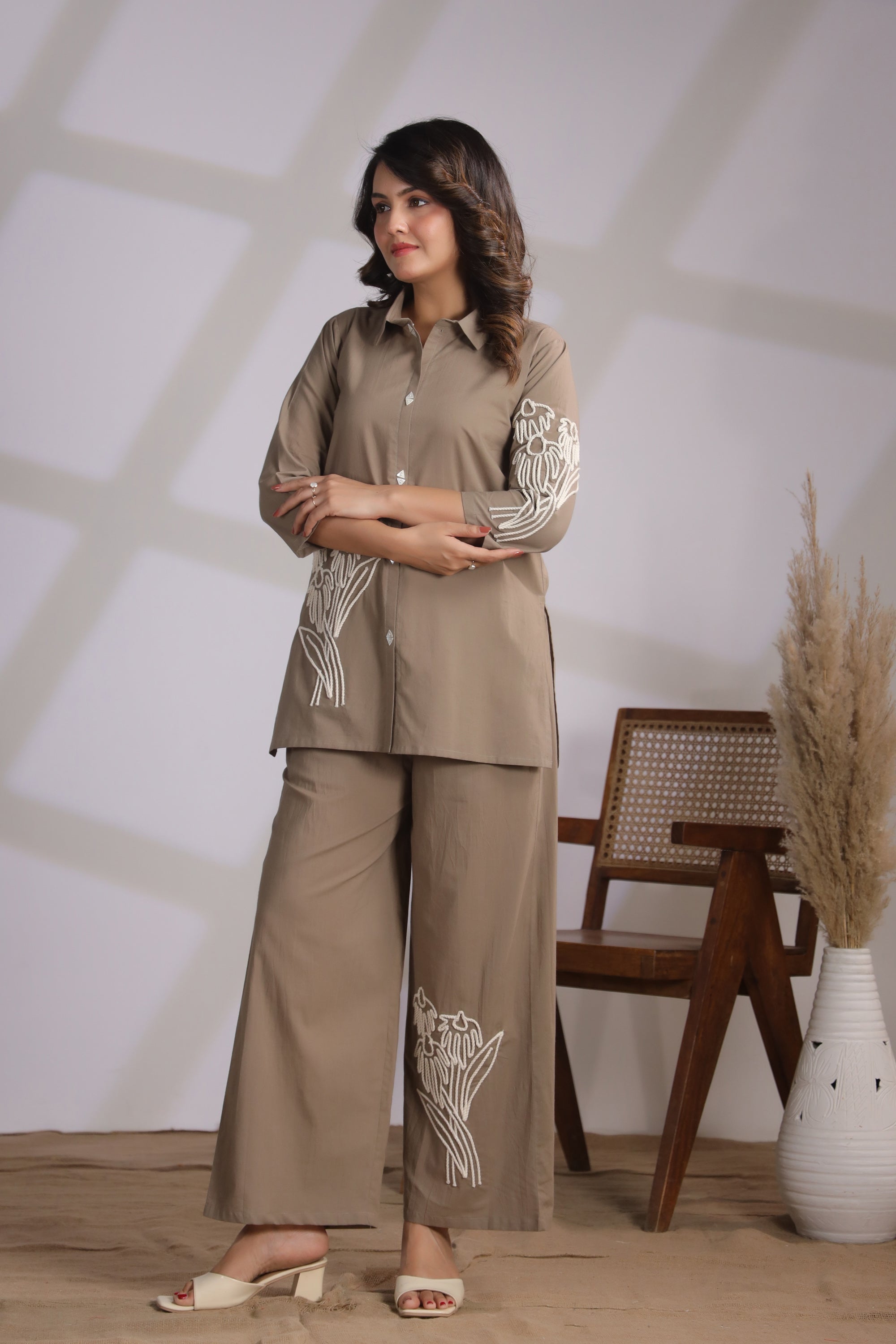Taupe Set with Floral Embroidery Cotton Co-ord Set