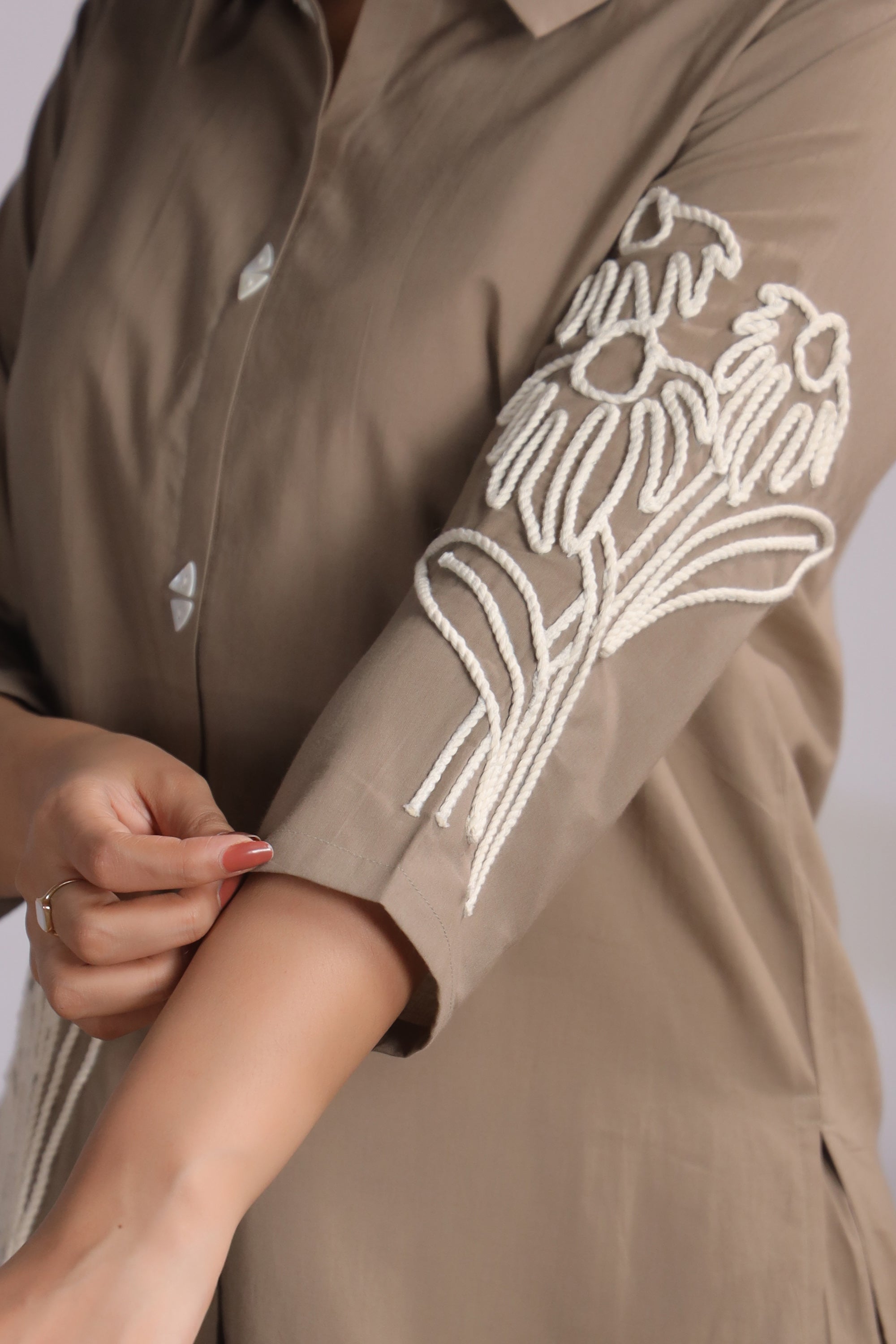 Taupe Set with Floral Embroidery Cotton Co-ord Set