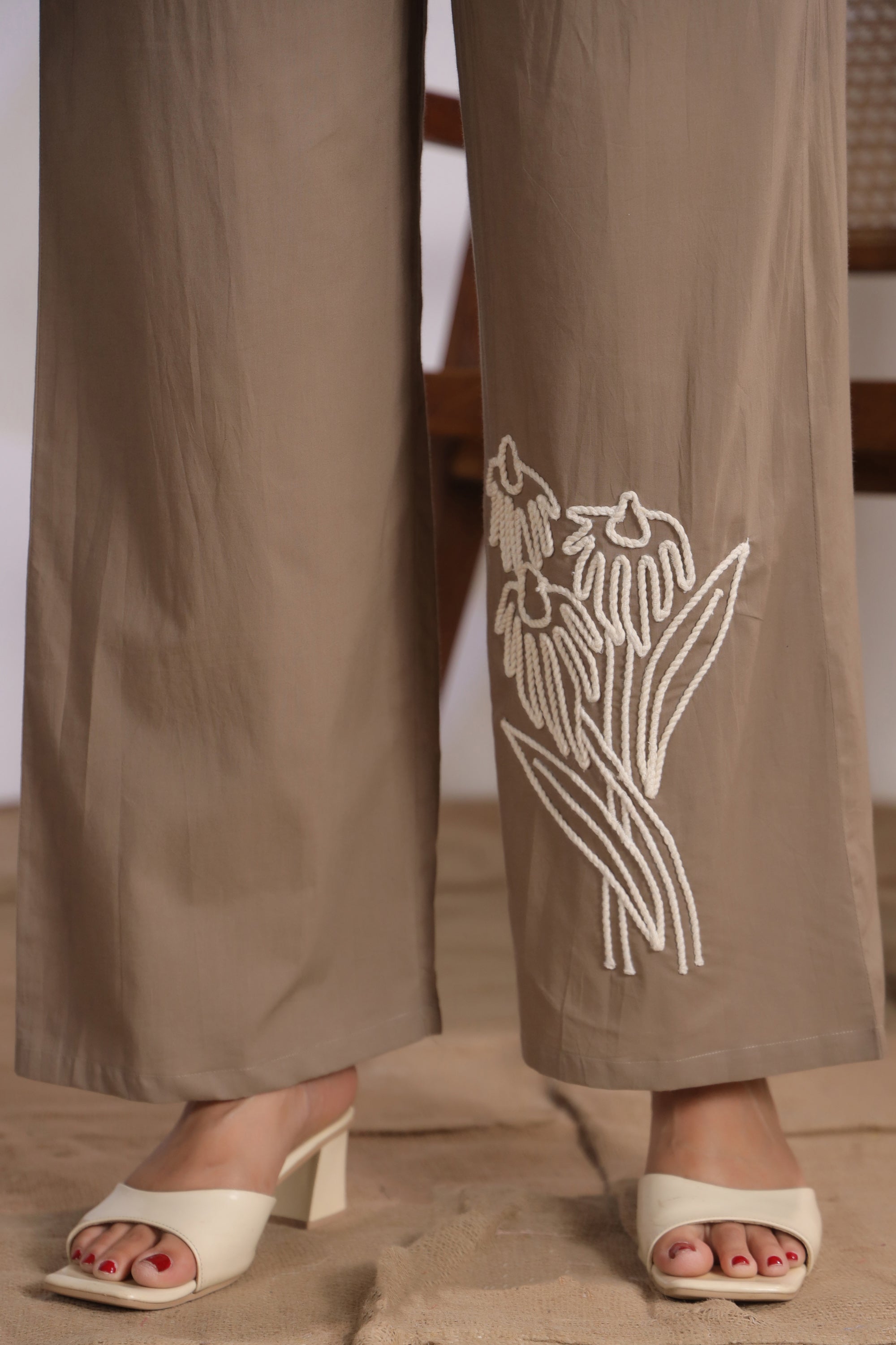 Taupe Set with Floral Embroidery Cotton Co-ord Set