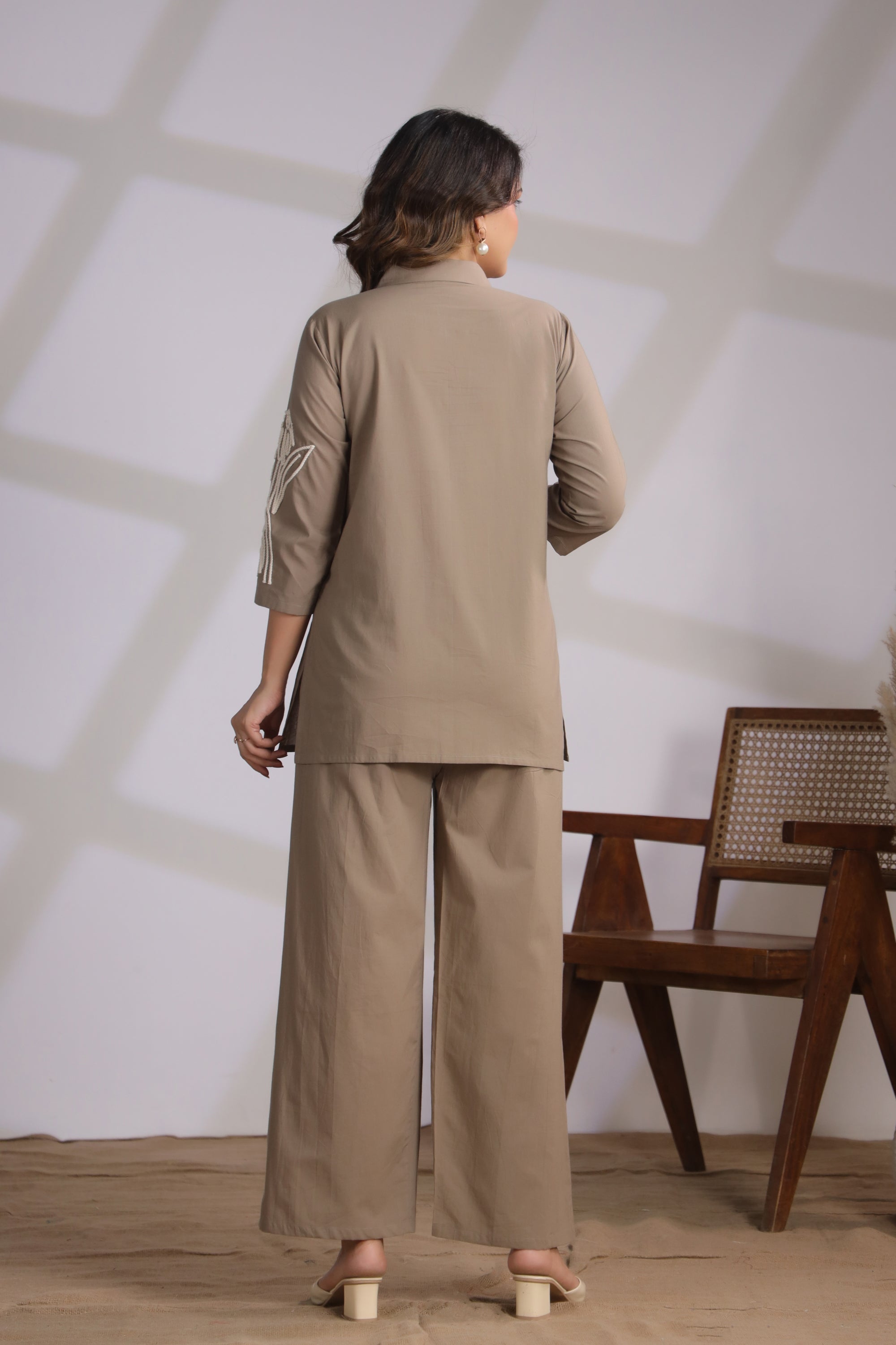 Taupe Set with Floral Embroidery Cotton Co-ord Set