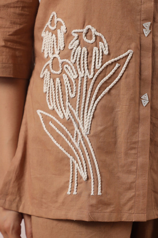 Classic Beige Floral Embroidery Cotton Co-ord Set