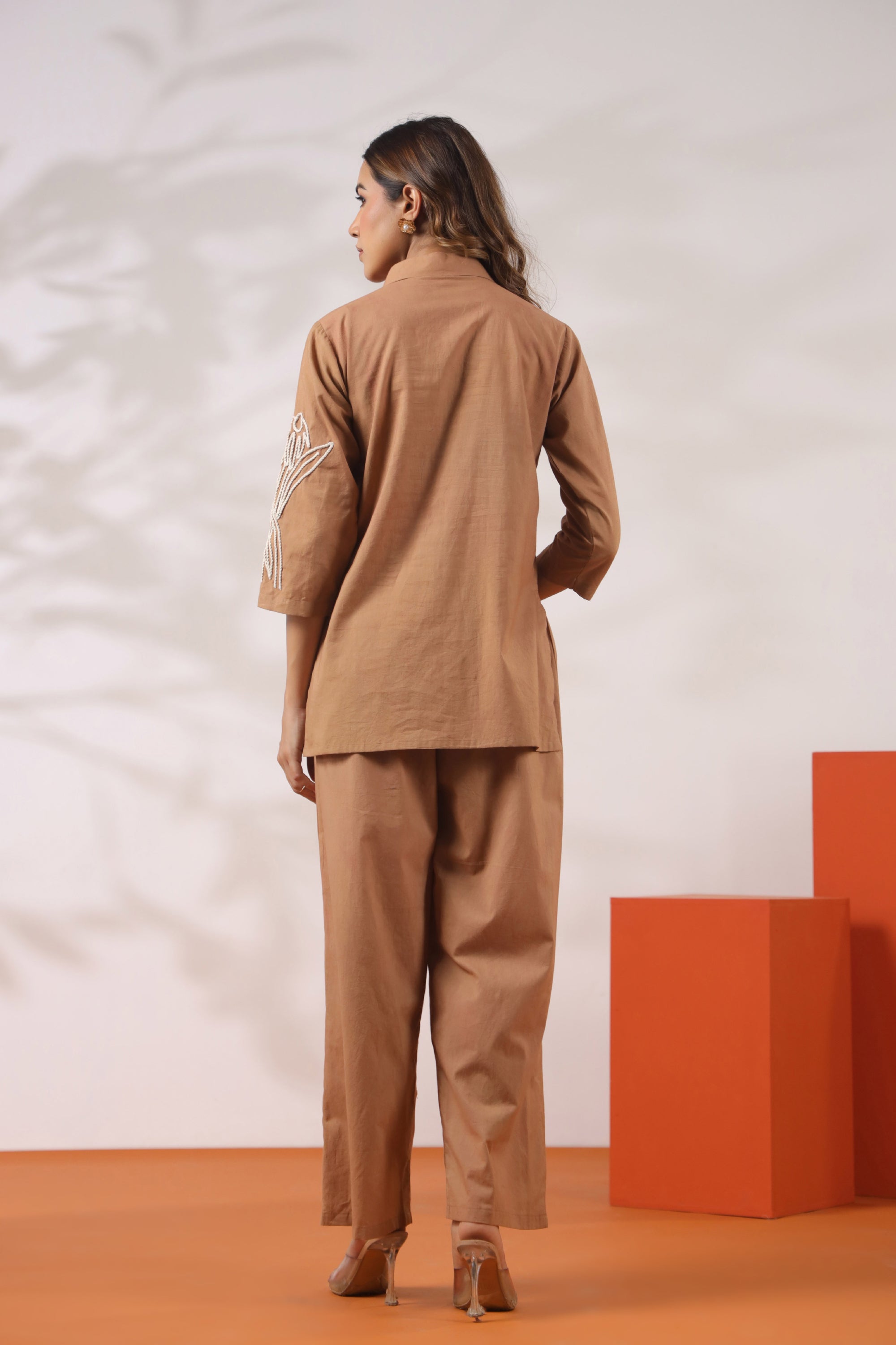 Classic Beige Floral Embroidery Cotton Co-ord Set