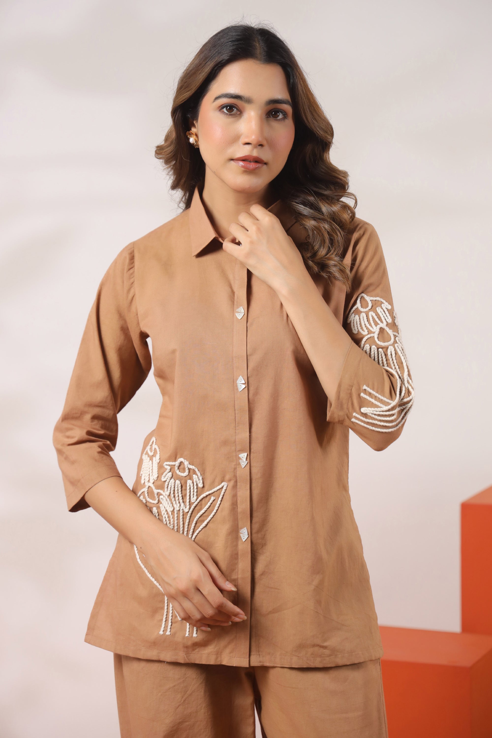 Classic Beige Floral Embroidery Cotton Co-ord Set