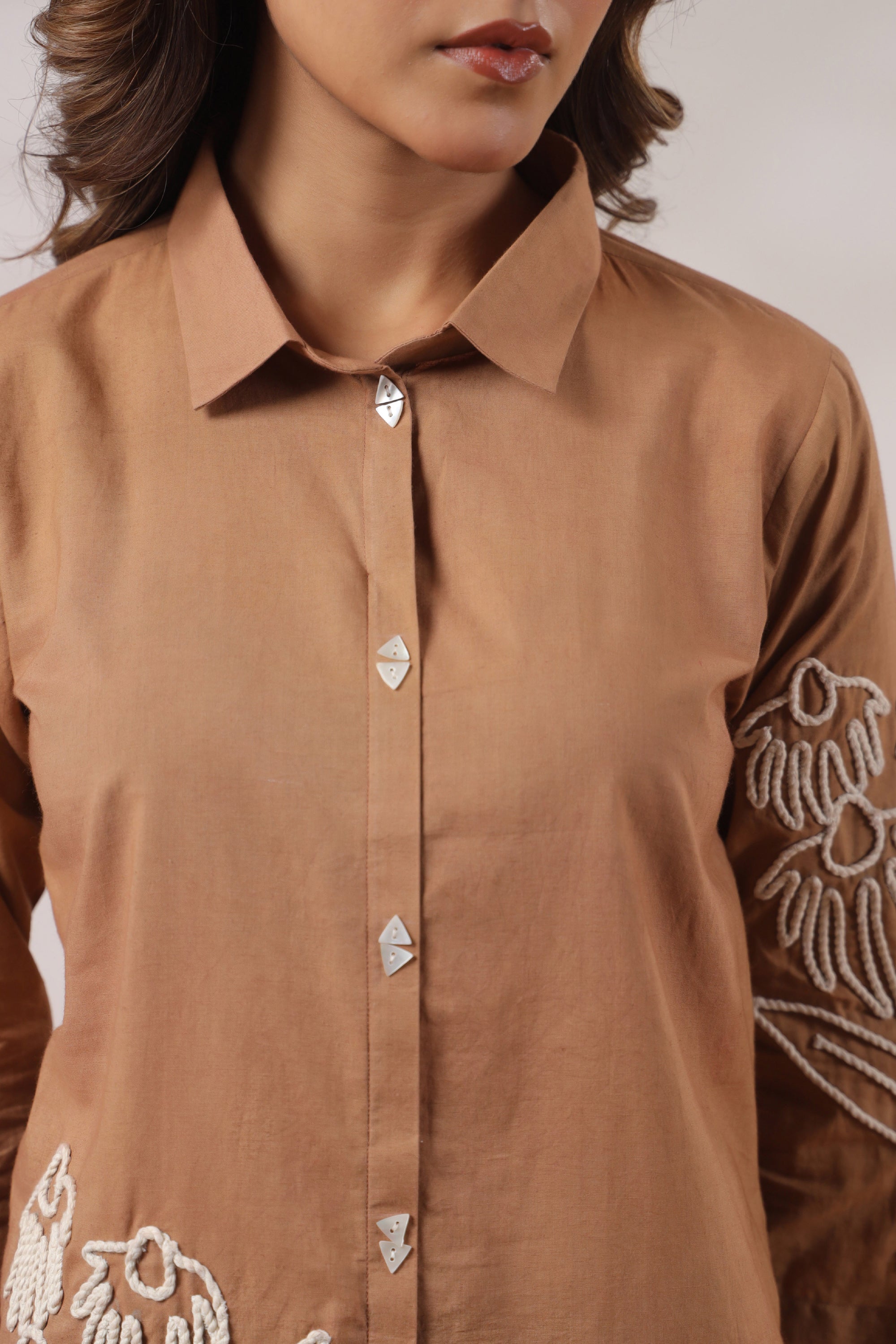 Classic Beige Floral Embroidery Cotton Co-ord Set