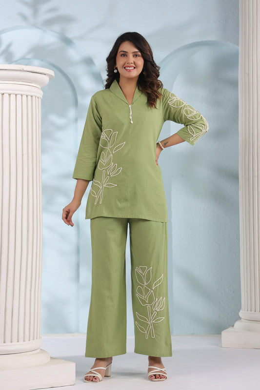 Elegant Olive Green Embroidered Cotton Flex Co-ord Set