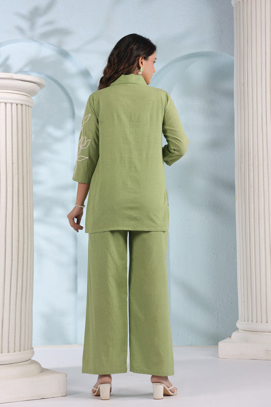 Elegant Olive Green Embroidered Cotton Flex Co-ord Set