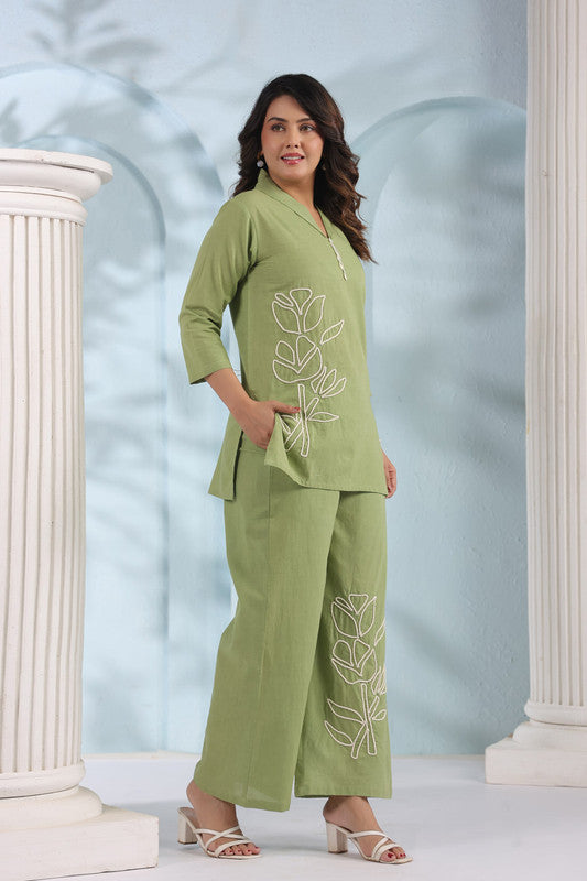 Elegant Olive Green Embroidered Cotton Flex Co-ord Set