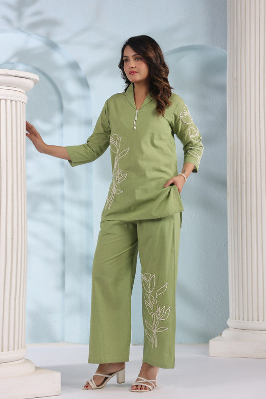 Elegant Olive Green Embroidered Cotton Flex Co-ord Set