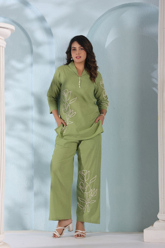 Elegant Olive Green Embroidered Cotton Flex Co-ord Set