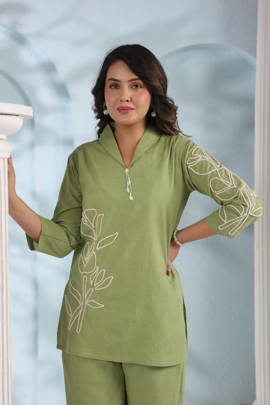 Elegant Olive Green Embroidered Cotton Flex Co-ord Set