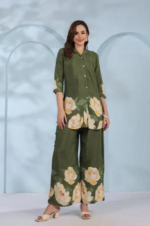 Blooming Grace in Olive Green Russian Silk Co-ord Set