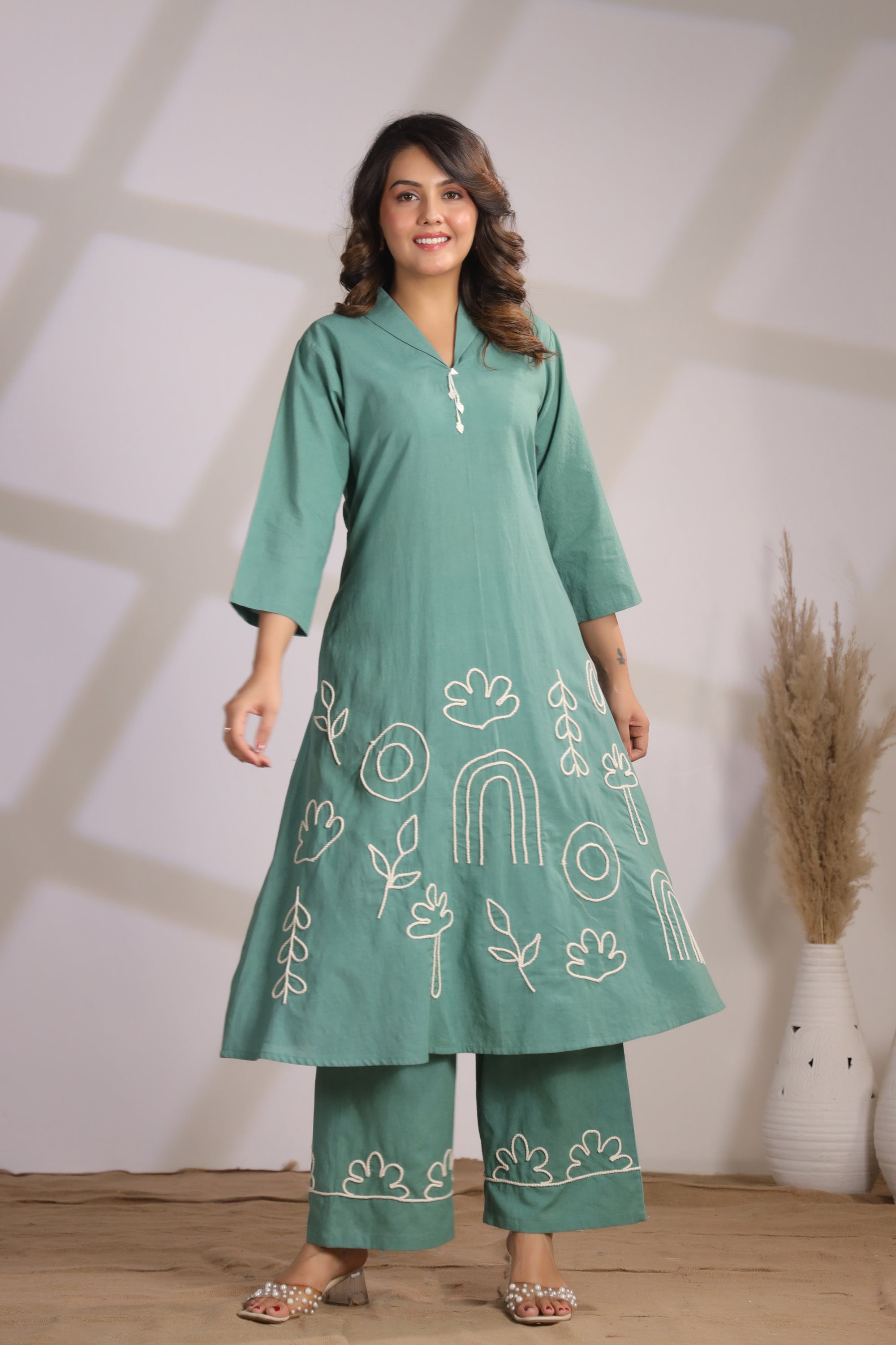 Abstract Embroidery Green Cotton Co-ord Set