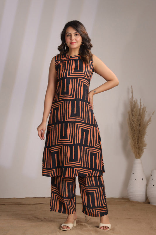 Rust Maze Sleeveless Russian Silk Co-ord Set