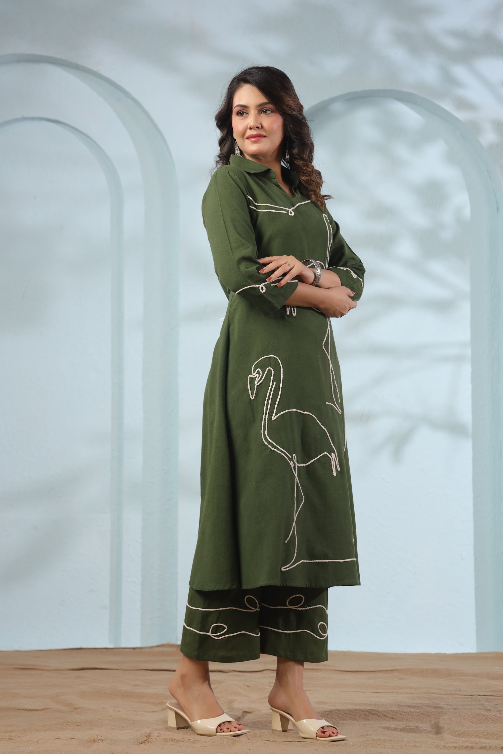 Green Flamingo Embroidered Cotton Flex Co-ord Set Green Flamingo Embroidered Cotton Flex Co-ord Set