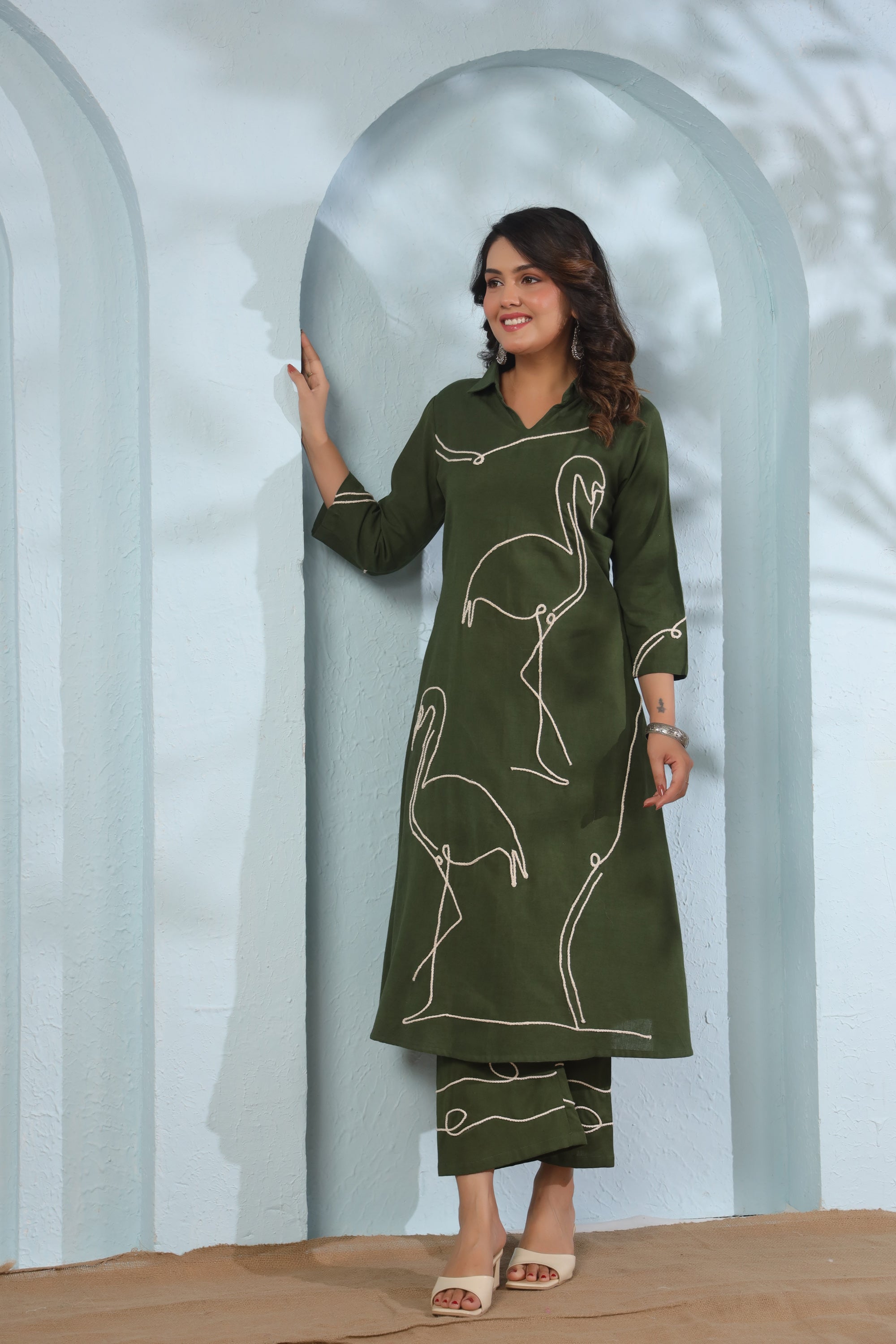 Green Flamingo Embroidered Cotton Flex Co-ord Set