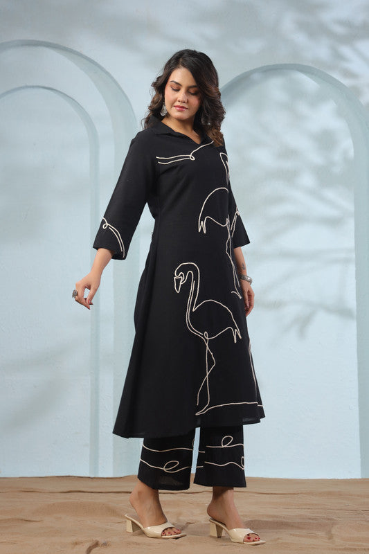Flamingo Noir Black Embroidered Cotton Flex Co-ord Set