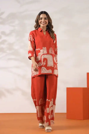 Orange Tropical Aura Russian Silk Co-ord Set