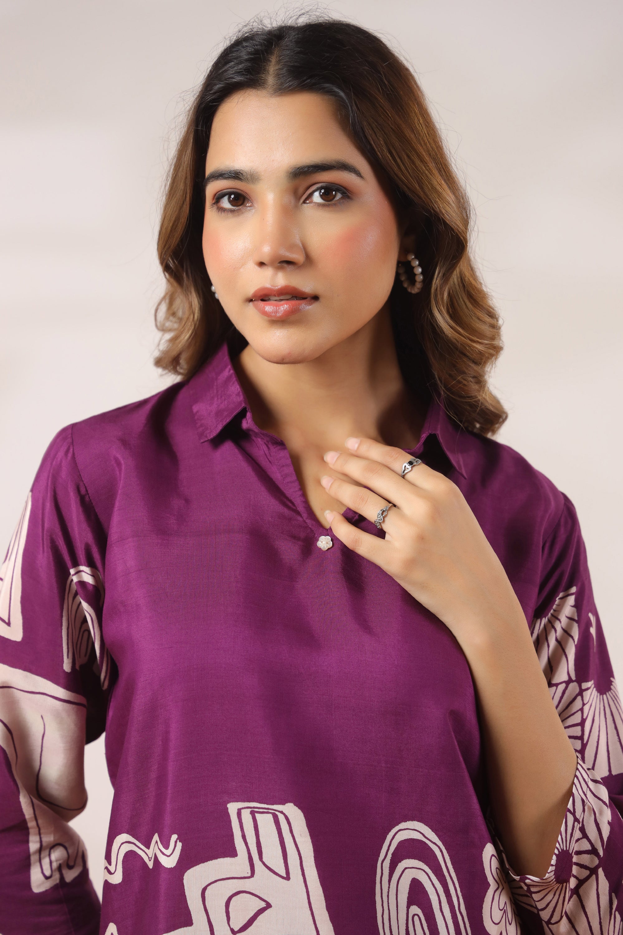 Abstract Printed Purple Russian Silk Co-ord Set