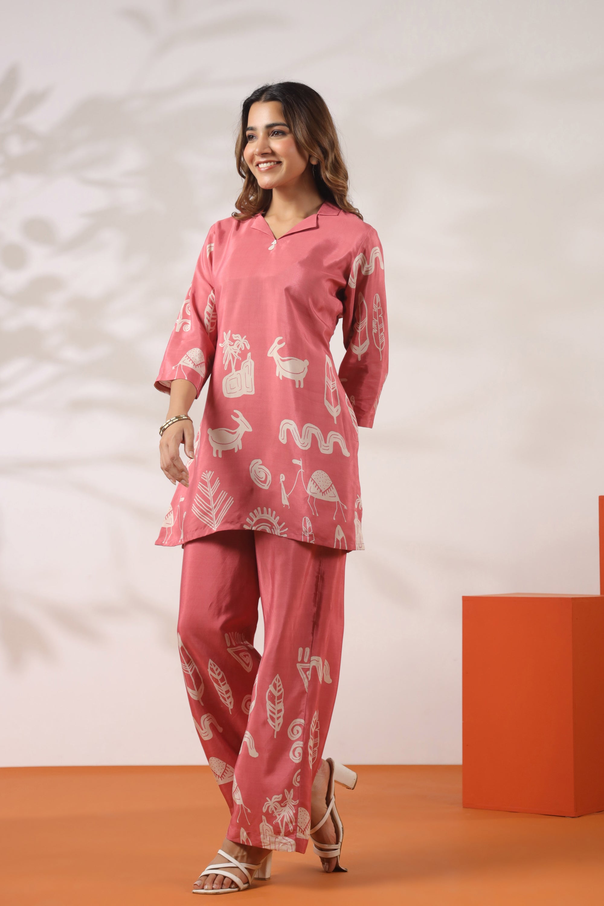 Warli Whisper Printed Pink Russian Silk Co-ord Set