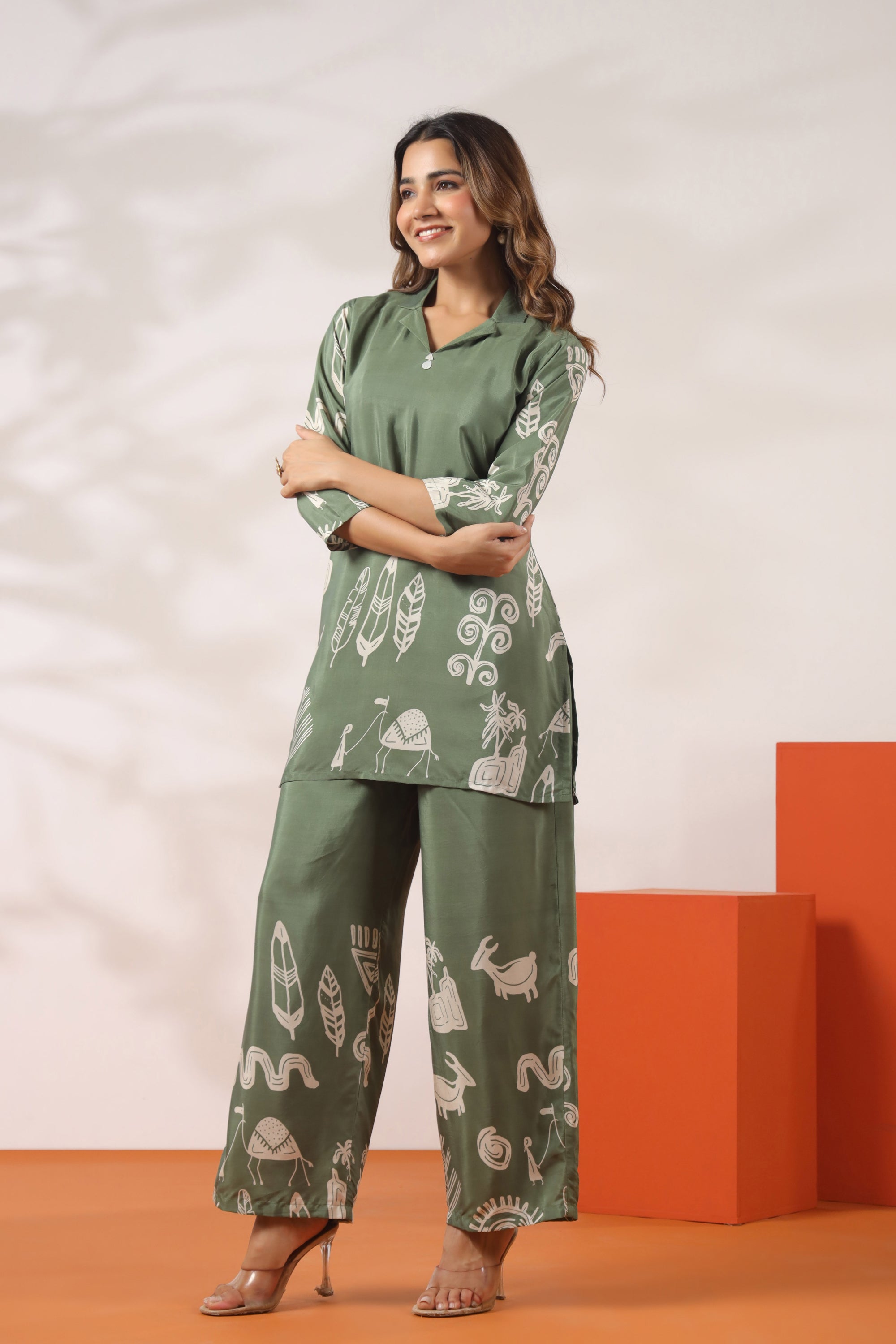 Green Tribal Motif Printed Russian Silk Co-ord Set