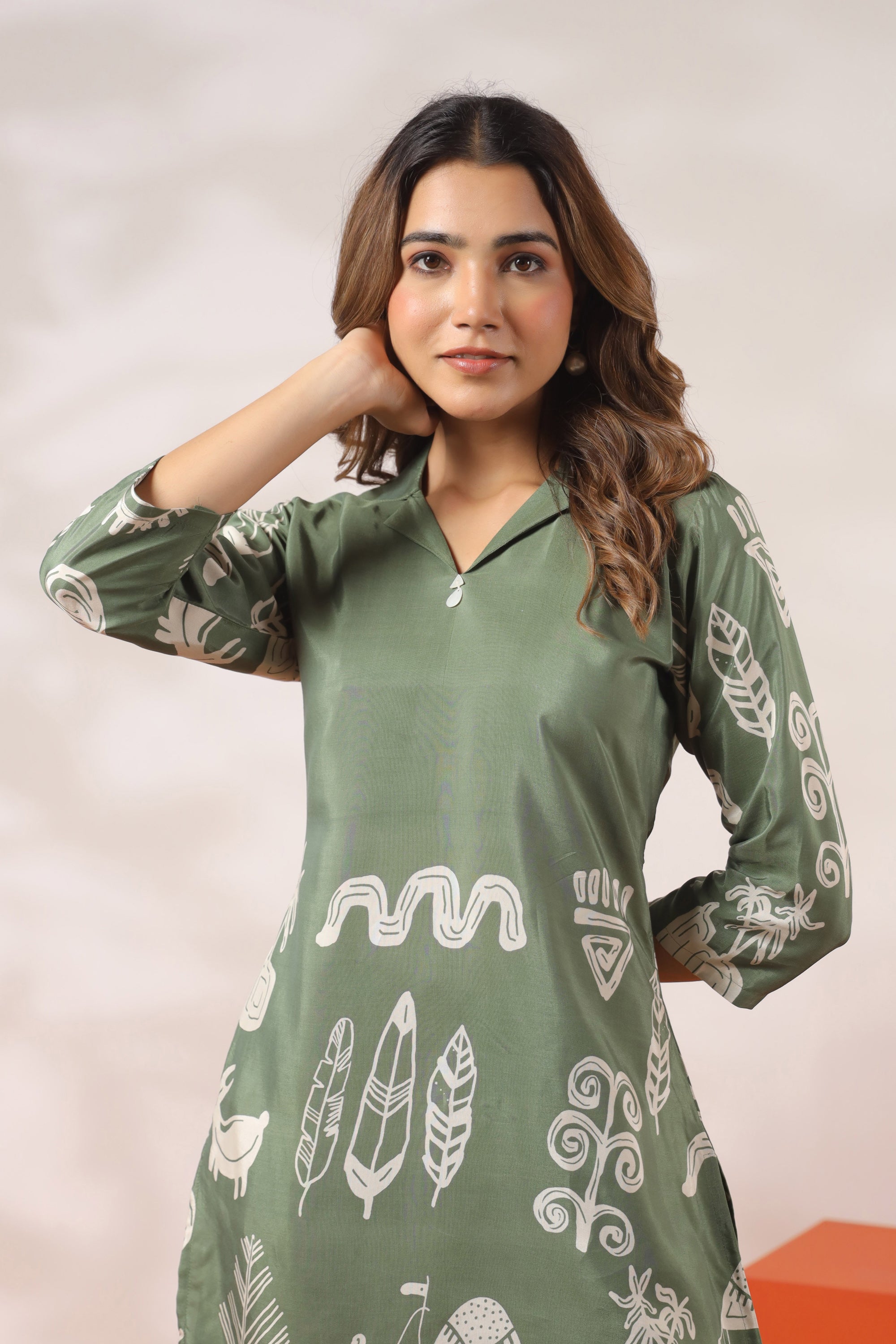 Green Tribal Motif Printed Russian Silk Co-ord Set