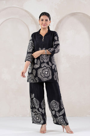 Bold Bloom in Black Printed Russian Silk Co-ord Set
