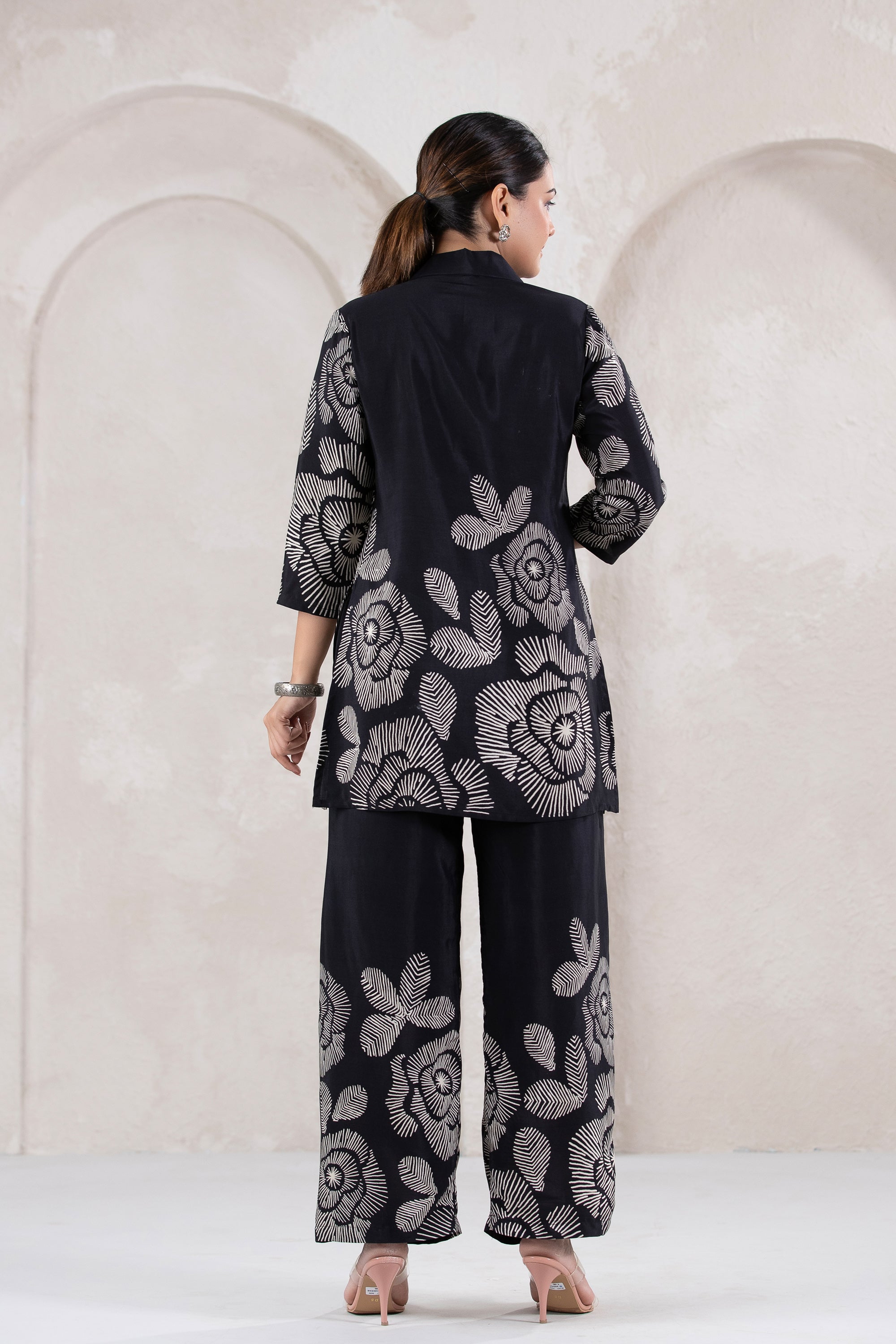 Bold Bloom in Black Printed Russian Silk Co-ord Set