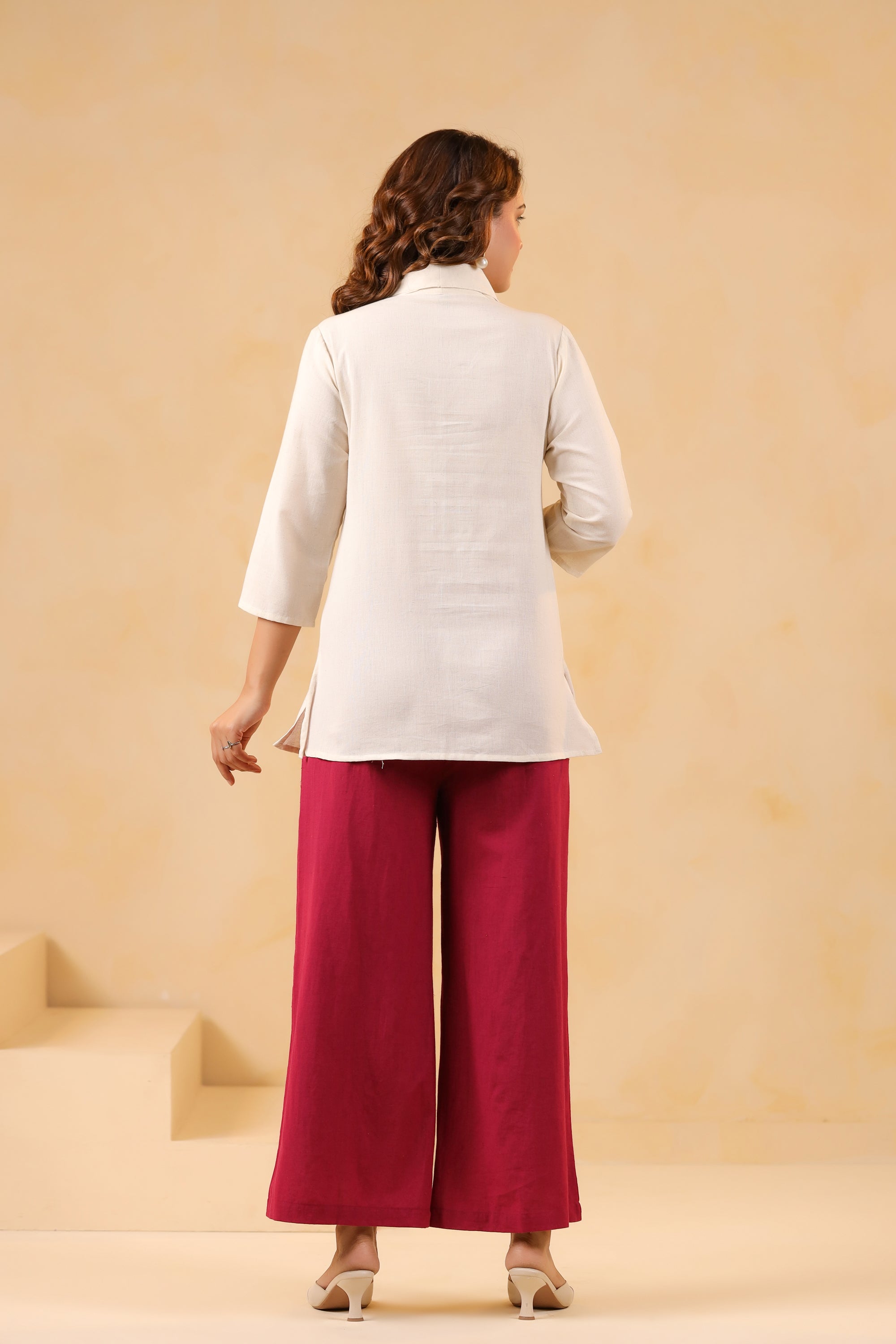 Elegant Off-Wite Flamingo Cotton Flex Embroidered Top & Wine Palazzo Co-ord Set