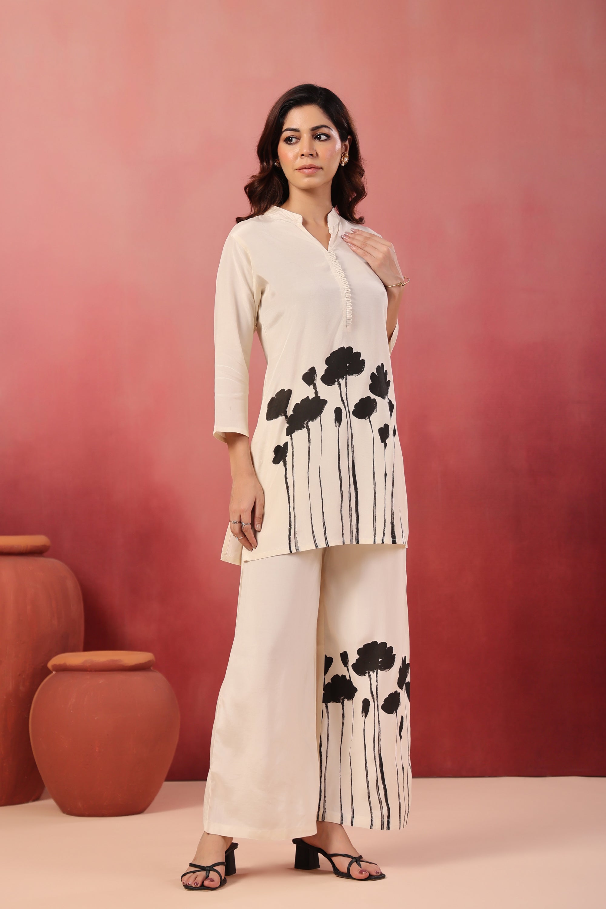 Ivory & Black Handbrush Floral Russian Silk Co-ord Set