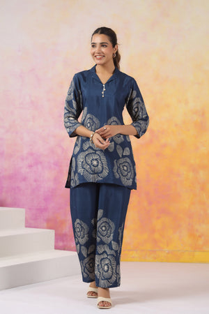 Blue Bloom Printed Russian Silk Co-ord Set