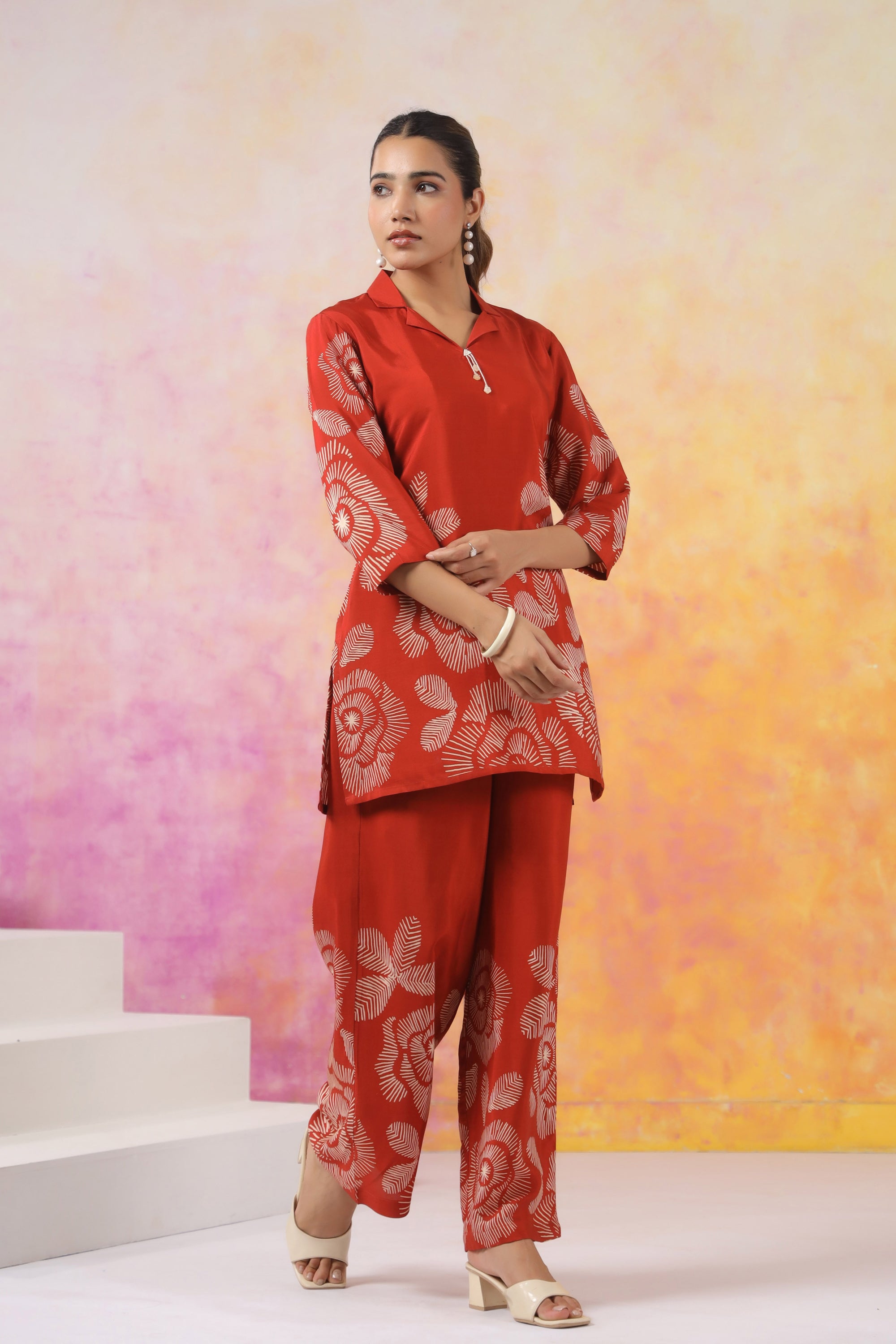 Artistic Floral Orange Printed Russian Silk Co-ord Set