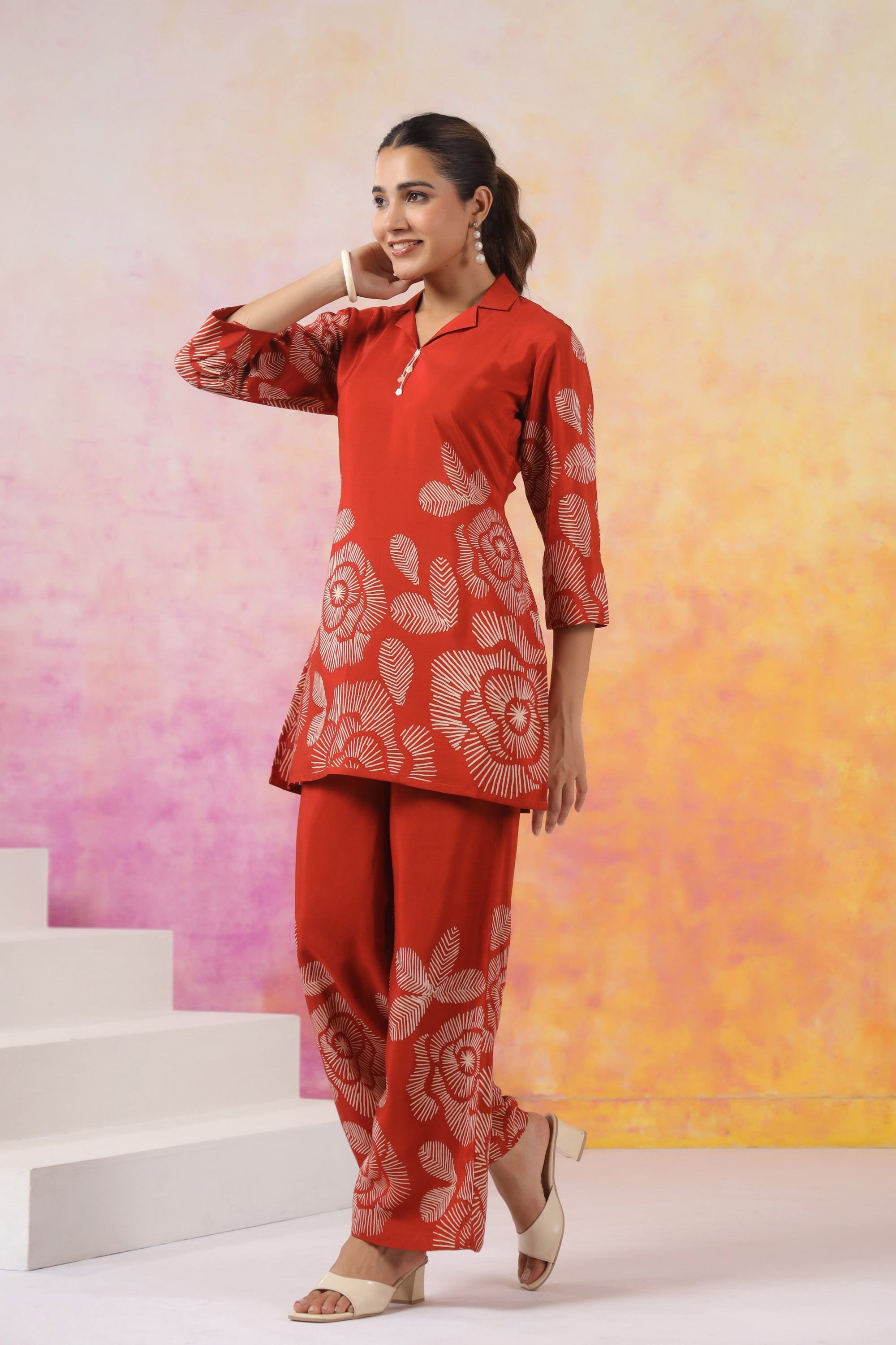 Artistic Floral Orange Printed Russian Silk Co-ord Set