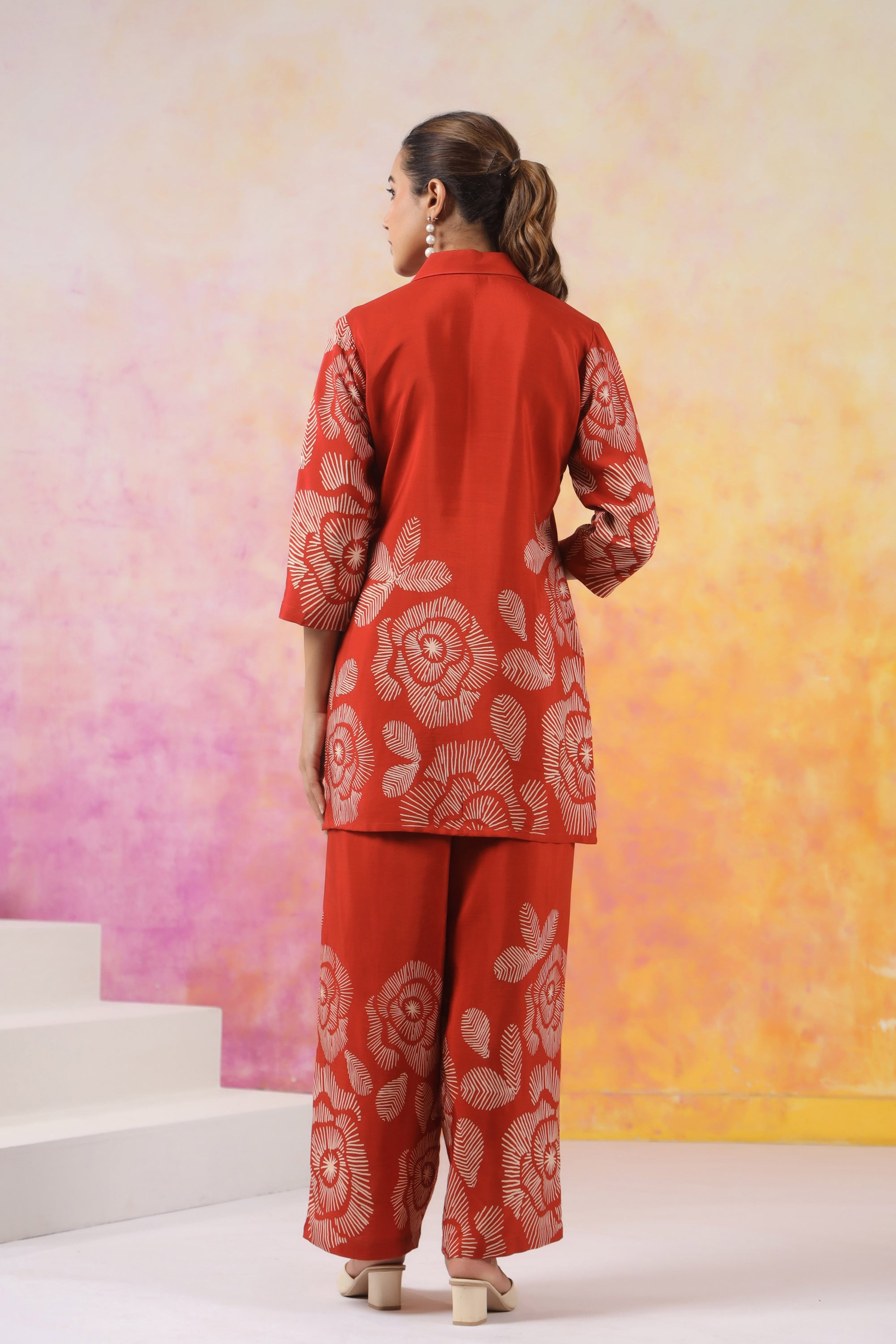 Artistic Floral Orange Printed Russian Silk Co-ord Set