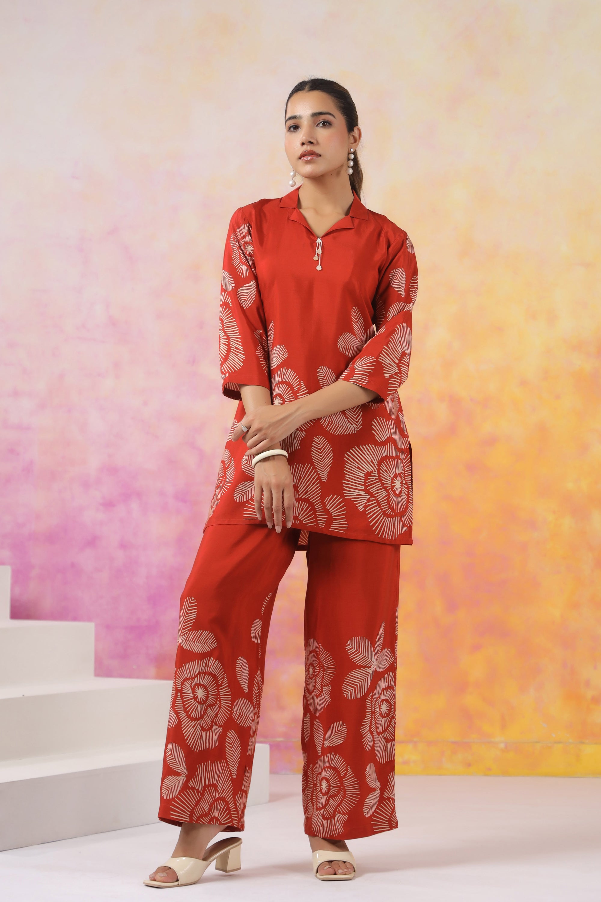 Artistic Floral Orange Printed Russian Silk Co-ord Set